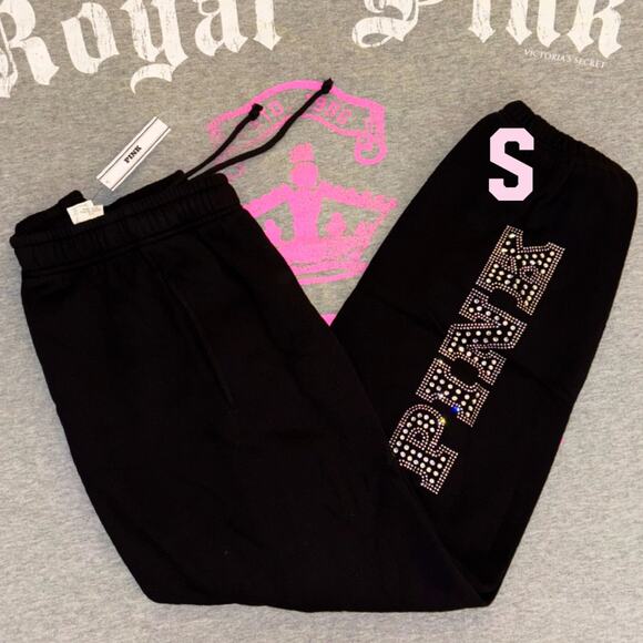 Victoria’s Secret PINK Pure Black Bling Limited Edition Fleece Sweatpants - SM - Picture 1 of 7
